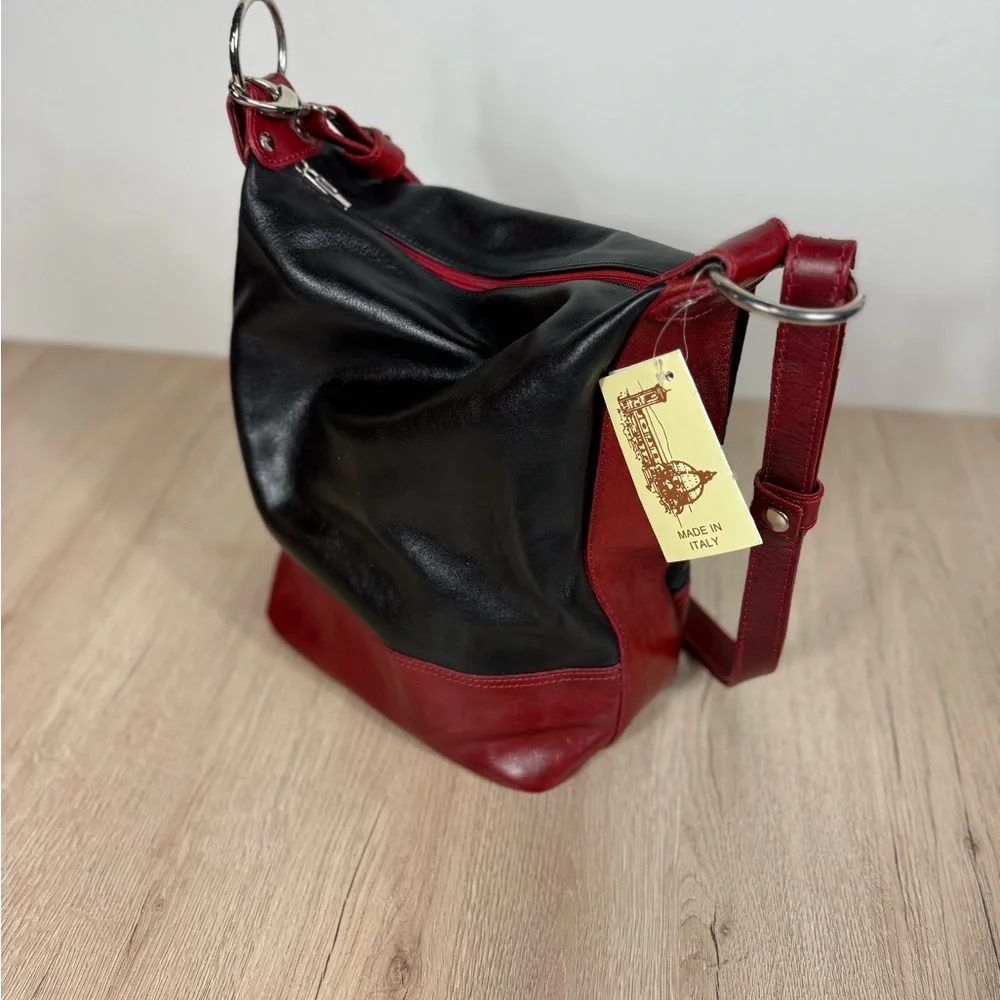 Vera Pelle D&D Black and Red Leather Shoulder Crossbody Bag Made in Italy NWT